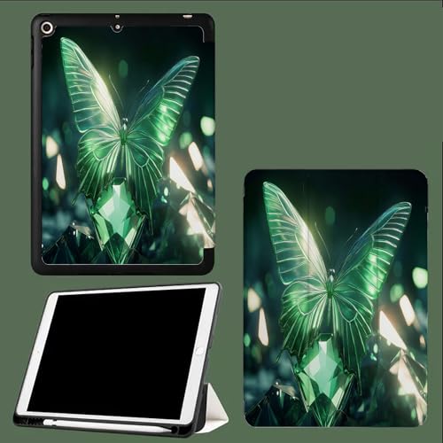 Hülle Kompatibel mit iPad Pro 12.9 Zoll 6./5./4 Generation (Modell 2022/2021/2020) mit Stifthalter, TPU Flexible Rückseite mit Standfunktion Grüner Schmetterling Abstrakt Tiere-Grün von UOMSKTY