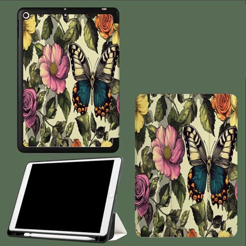 Hülle für iPad 10,2 Zoll 9./8./7 Gen (2021/2020/2019),PU Leder Tasche Schutzhülle mit Weicher TPU Rückseite mit Stifthalter, Auto Schlaf/Wach Abstrakt Blumen Retro-Schmetterling von UOMSKTY