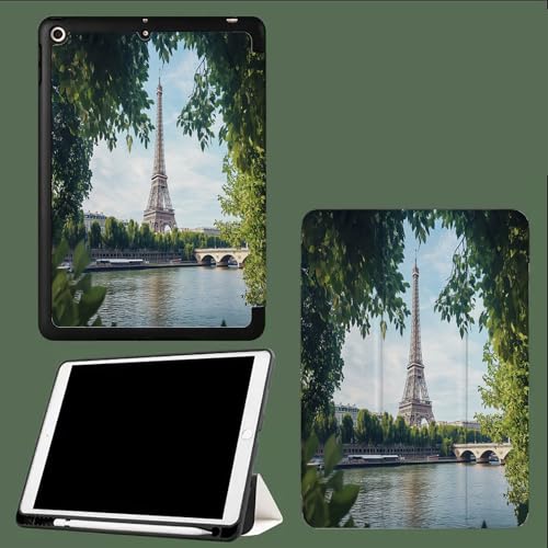 Hülle für iPad 10,2 Zoll 9./8./7 Gen (2021/2020/2019),PU Leder Tasche Schutzhülle mit Weicher TPU Rückseite mit Stifthalter, Auto Schlaf/Wach Baum Turm Seine von UOMSKTY