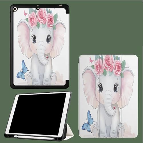Hülle für iPad 10,2 Zoll 9./8./7. Gen,Tasche Schutzhülle mit Stifthalter, Dünne Tablet Schutzhülle mit Weicher TPU Rückseite, Auto Wachen/Schlafen Blumen Elefanten Schmetterlinge Zeichentrick Tiere von UOMSKTY