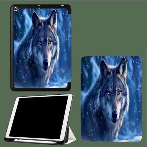 Hülle für iPad 10 Generation 2022,iPad 10,9 Hülle mit Pencil Halter Case mit Ständer Funktion und Auto Schlafen/Wachen Schutzhülle für iPad 10,9 Zoll Blauer Wolf Schneeflocken von UOMSKTY