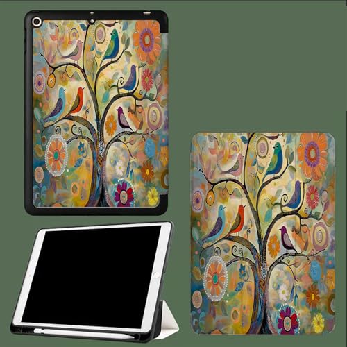 Hülle für iPad 9./8./7 Generation mit Stifthalter 10.2 Zoll Modell 2021/2020/2019,Ultradünne Schutzhülle aus TPU mit Standfunktion für iPad 10.2 Bunter Vogel Auf AST von UOMSKTY