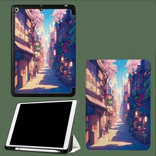 Hülle für iPad 9./8./7 Generation mit Stifthalter 10.2 Zoll Modell 2021/2020/2019,Ultradünne Schutzhülle aus TPU mit Standfunktion für iPad 10.2 Japanische Straße von UOMSKTY