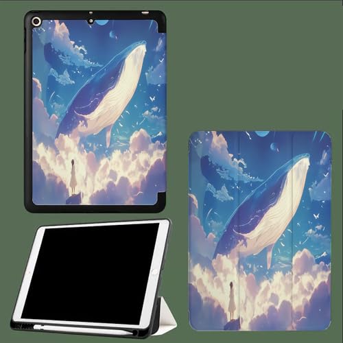 Hülle für iPad 9./8./7.Generation mit Stifthalter 10.2 Zoll Modell 2021/2020/2019, Ultradünne Schutzhülle aus TPU mit Standfunktion für iPad 10.2 Aquarell Wal, Mädchen von UOMSKTY