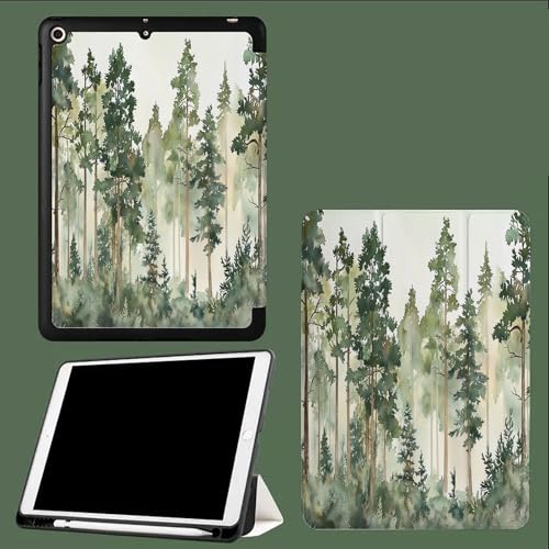 Hülle für iPad Air 13 Zoll (M3/M2-2025/2024) mit Stifthalter,Schlank Ständer Schutzhülle mit Weich Rückseite für iPad air 13,Auto Schlaf/Aufwach Aquarell Wald Anlage-Grün von UOMSKTY