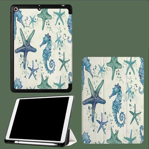 Hülle für iPad Air 13 Zoll (M3/M2-2025/2024) mit Stifthalter,Schlank Ständer Schutzhülle mit Weich Rückseite für iPad air 13,Auto Schlaf/Aufwach Seepferdchen Seestern Cartoon Ozean-Thema-Hellgrün von UOMSKTY