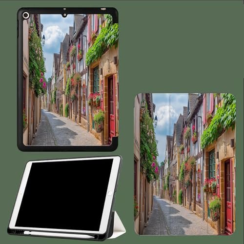 Hülle für iPad Air 13 Zoll M3/M2 (2025/2024) mit Stifthalter,Dünn Ständer Stoßfest Rückenschale Tablet Abdeckung, Auto Wachen/Schlafen Retro Straße Italien Architektur-Braun von UOMSKTY