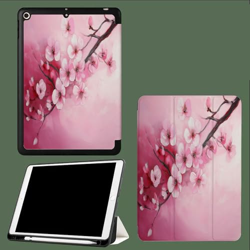 Hülle für iPad Air 13 Zoll M3/M2 (2025/2024) mit Stifthalter,Dünn Ständer Stoßfest Rückenschale Tablet Abdeckung, Auto Wachen/Schlafen Rosa Kirschblüten Aquarell Blumen-Rosa von UOMSKTY