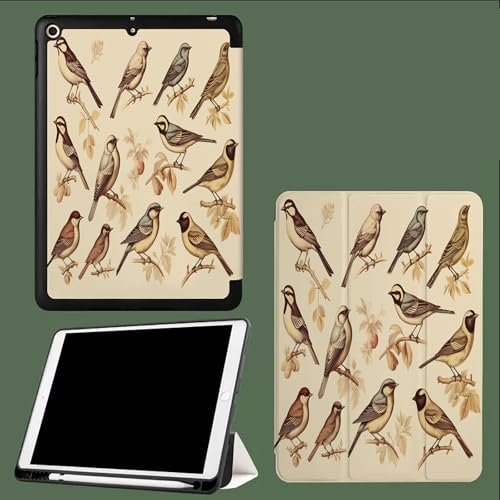 Hülle für iPad Air 13 Zoll M3/M2 (2025/2024) mit Stifthalter,Dünn Ständer Stoßfest Rückenschale Tablet Abdeckung, Auto Wachen/Schlafen Vogel Retro-Tiere-Beige von UOMSKTY