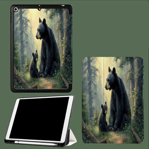 Hülle für iPad Air 13 Zoll M3/M2 (2025/2024) mit Stifthalter,Dünn Ständer Stoßfest Rückenschale Tablet Abdeckung, Auto Wachen/Schlafen Zeichentrick Tiere Wilder Schwarzbär-Grün von UOMSKTY