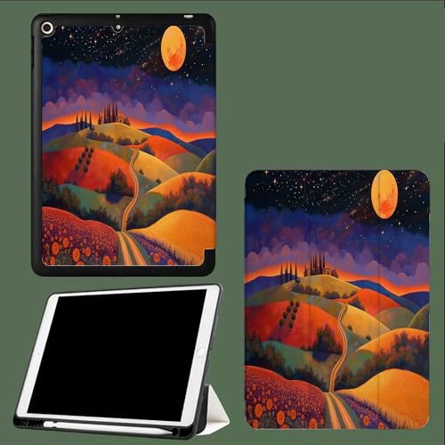 Hülle für iPad Pro 11 2024 (M4 5. Generation) mit Stifthalter, Flexible TPU Rückseite Schutzhülle Case, Auto Schlafen/Wachen Abstrakte Berge Ländlich -Orange von UOMSKTY