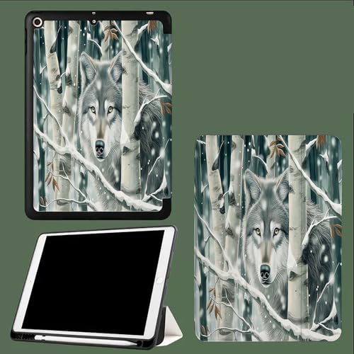 Hülle für iPad Pro 11 2024 (M4 5. Generation) mit Stifthalter, Flexible TPU Rückseite Schutzhülle Case,Auto Schlafen/Wachen Cartoon-Wald Wolf-Salbeigrün von UOMSKTY