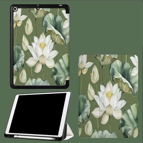 Hülle für iPad Pro 11 2024 (M4 5. Generation) mit Stifthalter, Lotus Flexible TPU Rückseite Schutzhülle Case, Auto Schlafen/Wachen Salbeigrün Lotusblatt-Grün von UOMSKTY