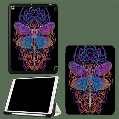 Hülle für iPad Pro 11 M4 Hülle (2024) mit Stifthalter, Schlank Ständer Schutzhülle TPU Flexible Rückseite mit Auto aufwachen/Schlaf Funktion Regenbogenfarben Libelle Cartoon Mandala-Schwarz von UOMSKTY