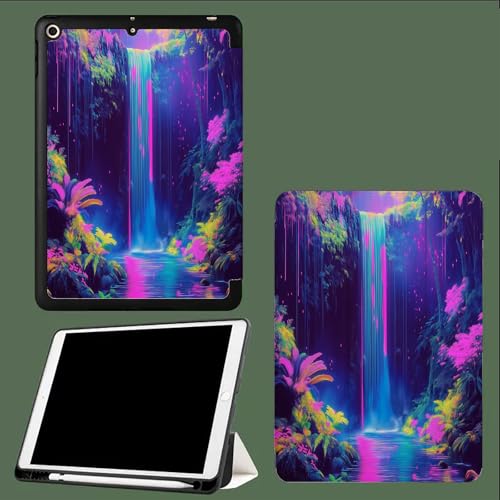 Hülle für iPad Pro 11 Zoll 2022/2021/2020 (4/3/2 Generation), Dreifach Falt Klapp Schutzhülle, Ultra Dünn Leicht Ständer Schale Smart Case Cover Neon Landschaft Dschungel Wasserfall-Blau von UOMSKTY