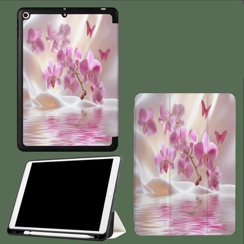 Hülle für iPad Pro 11 Zoll M4 (2024) mit Stifthalter, Schlank Ständer Dünn Ständer Stoßfest Tablet Abdeckung, Auto Wachen/Schlafen Schmetterling See Blumen Orchidee von UOMSKTY