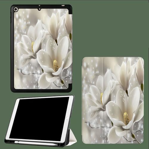 Hülle für iPad Pro 11 Zoll M4 2024 (5. Generation) mit Stifthalter,Dünn Dreifach Gefaltet Ständer Stoßfest Tablet Abdeckung, Auto Wachen/Schlafen 3D Magnolie Blumen-Silber von UOMSKTY