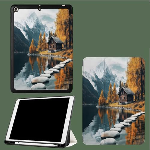 Hülle für iPad Pro 11 Zoll M4 2024 (5. Generation) mit Stifthalter,Dünn Dreifach Gefaltet Ständer Stoßfest Tablet Abdeckung, Auto Wachen/Schlafen Herbstwald Holzhaus-Schwarz von UOMSKTY