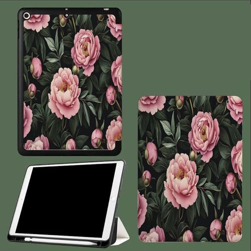 Hülle für iPad Pro 12.9 Zoll 6/5/4 Generation 2022/2021/2020, Leder Ständer Cover mit Stifthalter, Auto Wachen/Schlafen und Multi-Winkel Betrachtung Rosa Blütenblätter Pfingstrose Blumen-Grün Hülle für iPad Pro 12.9 Zoll 6/5/4 Generation 2022/2021/2020, Leder Ständer Cover mit Stifthalter, Auto Wachen/Schlafen und Multi-Winkel Betrachtung Rosa Blütenblätter Pfingstrose Blumen-Grün von UOMSKTY
