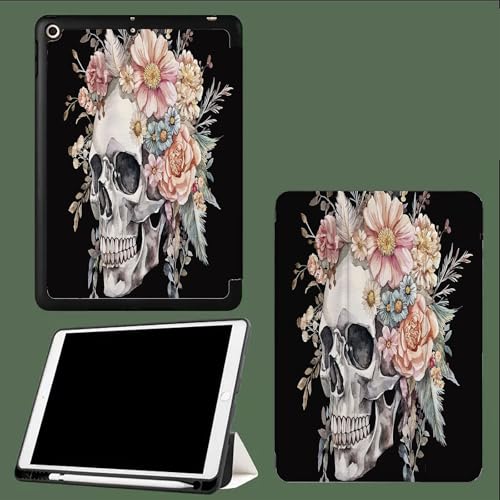 Hülle für iPad Pro 12.9 Zoll 6/5/4 Generation 2022/2021/2020, Leder Ständer Cover mit Stifthalter, Auto Wachen/Schlafen und Multi-Winkel Betrachtung Weißer Schädel Aquarell Kranz-Schwarz Hülle für iPad Pro 12.9 Zoll 6/5/4 Generation 2022/2021/2020, Leder Ständer Cover mit Stifthalter, Auto Wachen/Schlafen und Multi-Winkel Betrachtung Weißer Schädel Aquarell Kranz-Schwarz von UOMSKTY