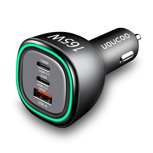 UOUCOO 165W Zigarettenanzünder USB C Auto Ladegerät,PD3.1 140W/PD3.0 100W PPS45W KFZ Ladegerät USB C Autoladegerät Adapter Schnellladegerät-für MacBook Pro/Air,Type-C Tablet Laptop,Samsung,iPhone von UOUCOO