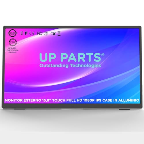 UP PARTS® Italienisches Unternehmen Tragbarer Monitor aus Aluminium Touchscreen 156AT – 15,6 Zoll Full HD 1920 x 1080, IPS, USB-C und HDMI, ultradünn, integrierte Lautsprecher, perfekt für Arbeit von UP PARTS