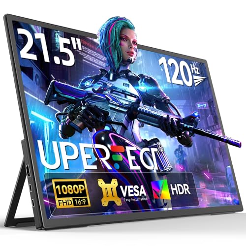 UPERFECT Portable Monitor 21.5 Zoll 120Hz Tragbarer Monitor 1300:1 1920 * 1080 Full HD IPS Bildschirm Integrierter Halterung HDMI USB C für PC Laptop Spielkonsole, Metallgehäuse, VESA-Kompatibel von UPERFECT