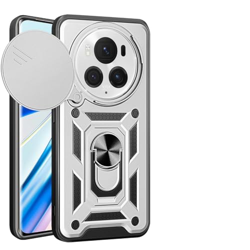 UPLAI Hülle für Honor Magic 6 Pro (Magic6 Pro), Slim Stoßfest Rüstung Handyhülle mit Gleiten Kamera Cover und Magnetisch Ring Ständer, PC + TPU Dauerhaft Schutzhülle.Silbrig von UPLAI