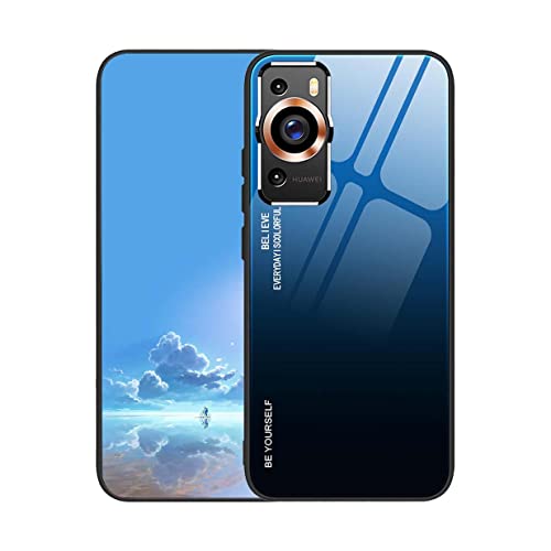 UPLAI Hülle für Huawei P60 Pro, Slim Stoßfest Farbverlauf Handyhülle Case, Temperiertes Glas Rücken and Sanft TPU Silikon Bumper Schutzhülle Cover.Blau Schwarz von UPLAI