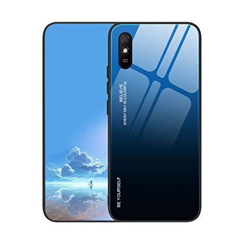 UPLAI Hülle für Xiaomi Redmi 9AT / Redmi 9A, Slim Stoßfest Farbverlauf Handyhülle Case, Temperiertes Glas Rücken and Sanft TPU Silikon Bumper Schutzhülle Cover.Blau Schwarz von UPLAI