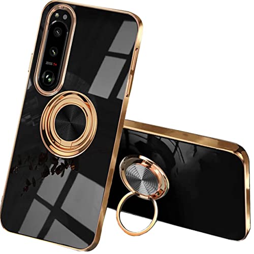 UPLAI Stilvoll Hülle für Sony Xperia 10 IV, Slim Stoßfest Galvanik-Design Handyhülle Case mit Ringhalter, Sanft TPU Silikon Bumper Schutzhülle Cover.Schwarz von UPLAI