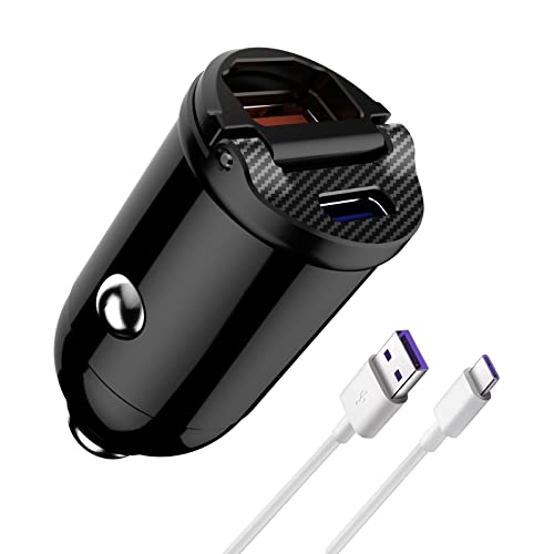 URAQT Zigarettenanzünder USB C,Ultra Mini USB Adapter Auto PD 3.0 30W und QC 3.0 30W [USB C+USB A] Schnellladung Auto Duales Port KFZ ladegerät Metall Autoladegerät mit Zugring und 1M Typ C Ladekabel von URAQT