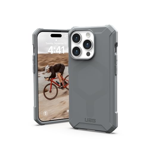 URBAN ARMOR GEAR Essential MS Case kompatibel mit Apple iPhone 15 Pro Hülle [50% recyceltes Material, Wireless Charging/Magnetisches Laden optimiert, 4,6m Fallschutz] Silber von URBAN ARMOR GEAR