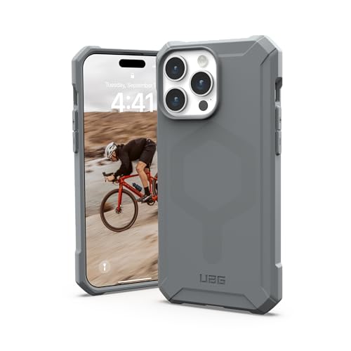 URBAN ARMOR GEAR Essential MS Case kompatibel mit Apple iPhone 15 Pro Max Hülle [50% recyceltes Material, Wireless Charging/Magnetisches Laden optimiert, 4,6m Fallschutz] Silber von URBAN ARMOR GEAR