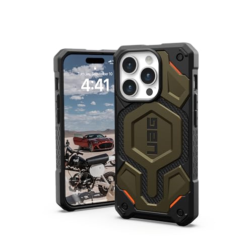 URBAN ARMOR GEAR Monarch Pro Schutzhülle kompatibel mit Apple iPhone 15 Pro Hülle [Wireless Charging/Magnetische Aufladung kompatibel, 5-Schichten Schutz] Kevlar grün von URBAN ARMOR GEAR