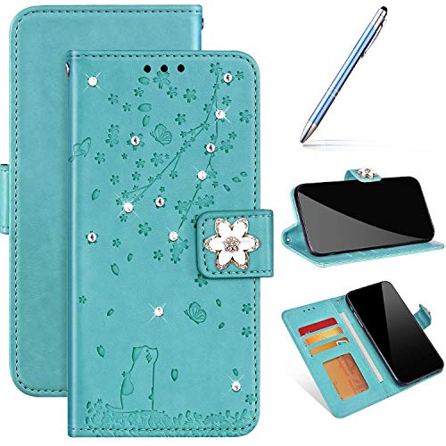 Hülle Kompatibel mit Samsung Galaxy A7 2018 Handyhülle Leder Flip Case,Kirsche Blumen Hülle Bling Glänzend Glitzer Strass Diamant Schutzhülle Bookstyle Klapphülle Handytasche Kartenfächer, Grün von URFEDA