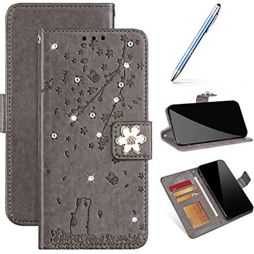 Hülle Kompatibel mit iPhone X/XS Handyhülle Leder Flip Case,Kirsche Blumen Hülle Bling Glänzend Glitzer Strass Diamant Schutzhülle Bookstyle Klapphülle Handytasche Kartenfächer, Grau von URFEDA