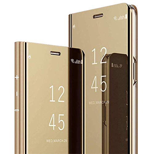 Kompatibel mit iPhone 12 Mini Spiegel Hülle Lederhülle Mirror Clear View Standing Handyhülle Leder + Spiegel Schutzhülle PU Brieftasche Flip Case Wallet Magnetisch Klapphülle Tasche Etui,Gold von URFEDA