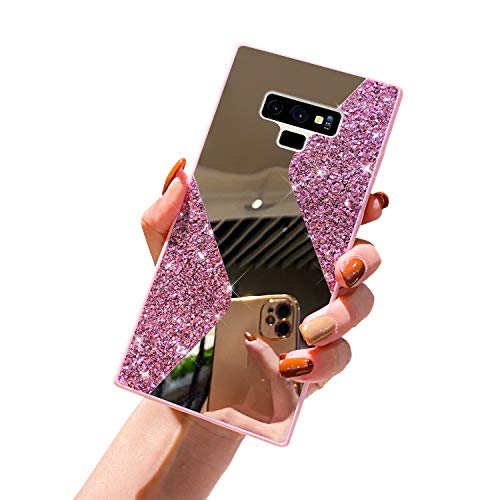 URFEDA Kompatibel mit Samsung Galaxy Note 9 Handyhülle Überzug Spiegel, Silikonhülle mit 360 Grad Ring Ständer Glitzer Bling Strass Diamant Hülle Schutzhülle Durchsichtig Clear Tasche Case,Rosa von URFEDA