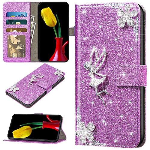 URFEDA Kompatibel mit iPhone 12/12 Pro Handyhülle Leder Handytasche,Bunt Glitzer Bling Glänzend Diamant Strass Blumen Engel Muster Schutzhülle Brieftasche Klapphülle Lederhülle Flip Case,Lila von URFEDA