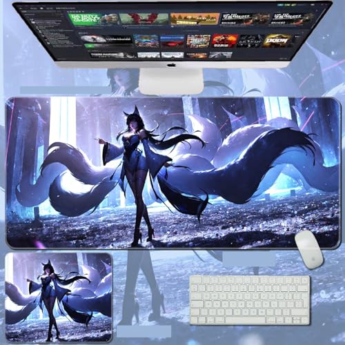 Gaming Sexy Ahri übergroßes Mauspad, große rutschfeste Gummiunterseite, Schreibtischunterlage mit genähten Kanten (37) von URTAODFE