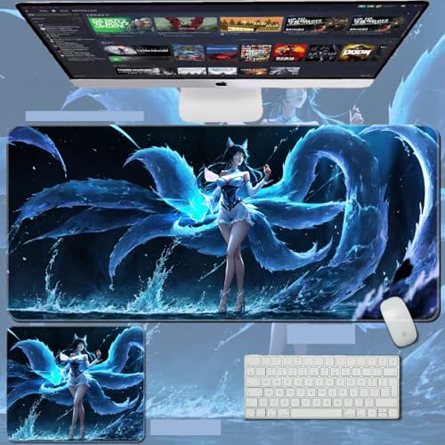 Gaming Sexy Ahri übergroßes Mauspad, große rutschfeste Gummiunterseite, Schreibtischunterlage mit genähten Kanten (38) von URTAODFE