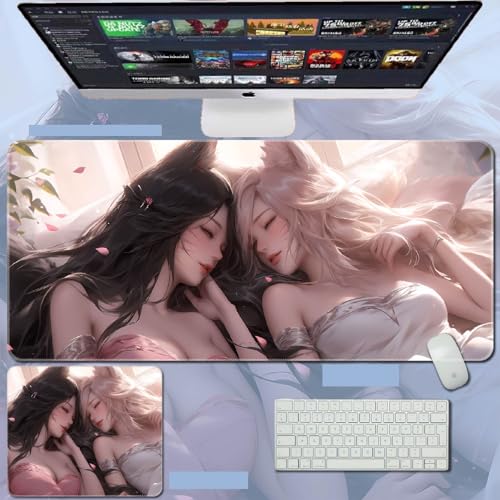 Gaming Sexy Ahri übergroßes Mauspad, große rutschfeste Gummiunterseite, Schreibtischunterlage mit genähten Kanten (5) von URTAODFE