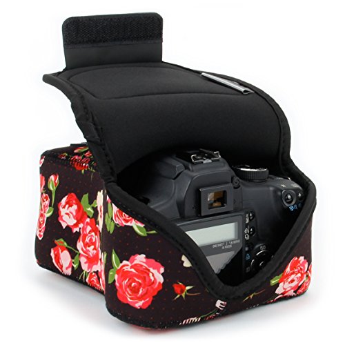 USA GEAR DSLR Kameratasche Klein für Spiegelreflexkameras, SLR-Kamerahülle mit Neoprenschutz, Gürtelhalfter und Zubehör - Kompatibel mit Nikon D3400, Canon EOS Rebel SL2, Pentax K-70 & mehr - Blumen von USA Gear