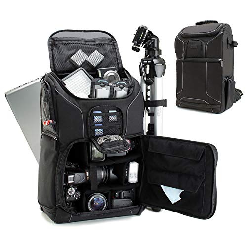 USA Gear DSLR Kamerarucksack, Foto Rucksack Anti-Shock Kameratasche mit 43,18 cm Laptop-Tasche, Wasserdichte Abdeckung, Verstellbare Linse Lagerung & Stativhalter - Schwarz von USA Gear