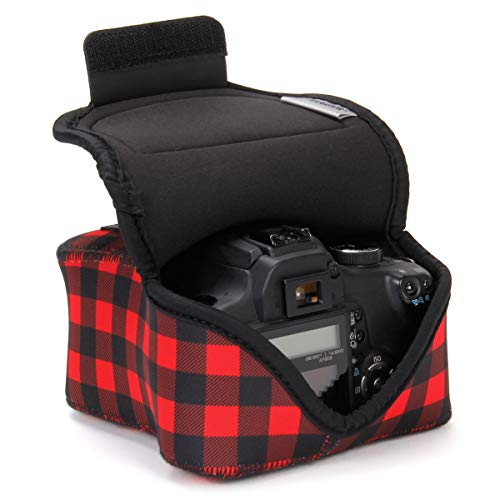 USA Gear DSLR Kameratasche Klein für Spiegelreflexkameras, SLR-Kamerahülle mit Neoprenschutz, Gürtelhalfter und Zubehör - Kompatibel mit Nikon D3400, Canon EOS Rebel, Pentax K-70 & mehr - Rotes Plaid von USA Gear