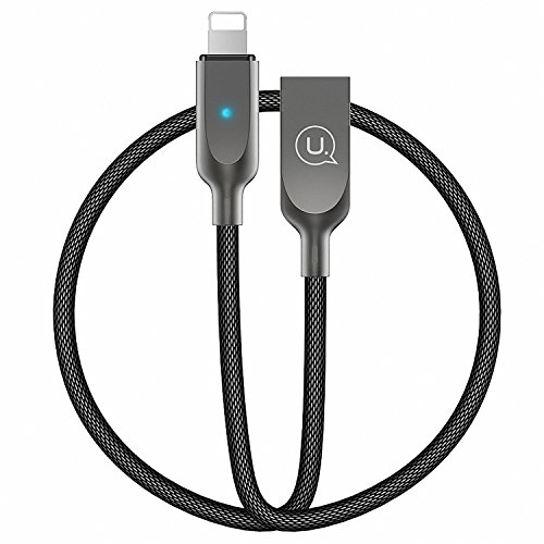 USAMS Ladekabel 1.88Meter, USB Kabel Nylon geflochten Datenkabel Auto Disconnect nach voll Laden mit LED Licht für X 8/8 Plus 7/7 Plus 6S/6S Plus 6/6 Plus 5S SE 5 (1.88M Schwarz) von USAMS