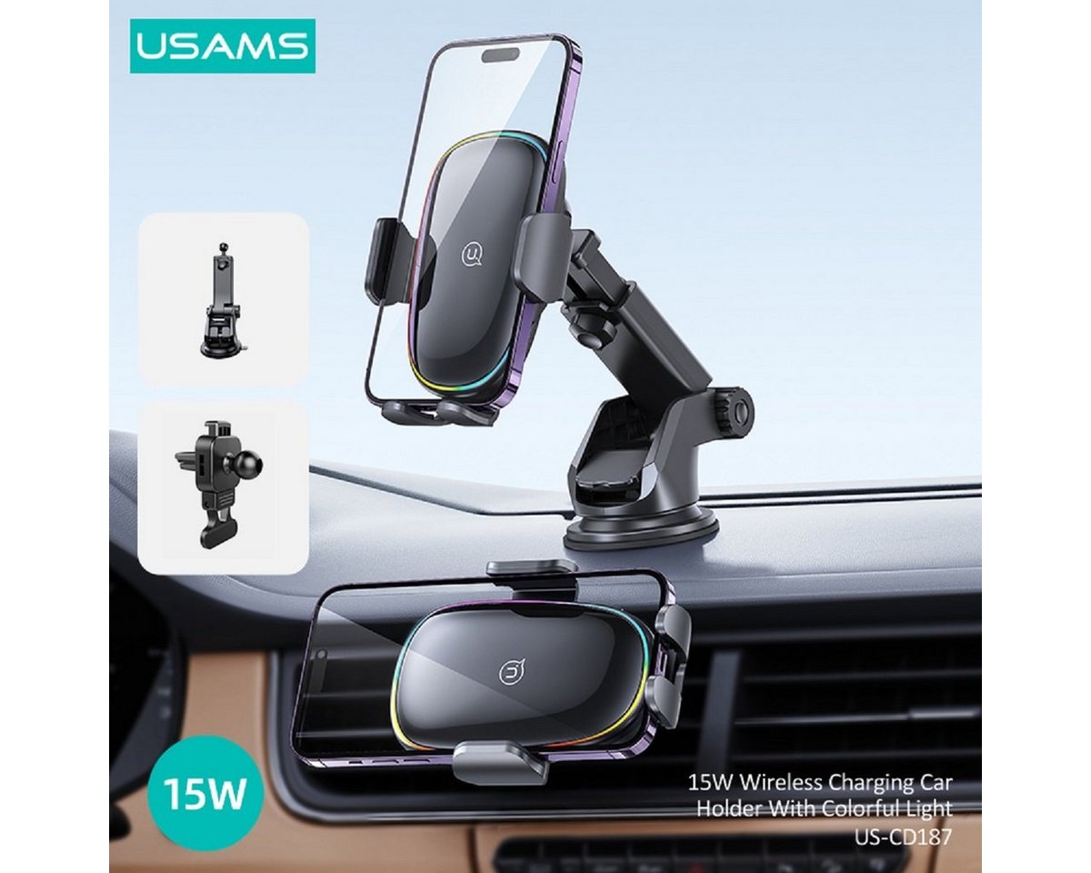 USAMS US-CD187 15W Wireless Charging Car Holder With Colorful Light Handy-Halterung, (bis 6,70 Zoll, 15W, Ladefunktion, mit bunten Licht, Armaturenbrett und Lüftungsgitter) von USAMS
