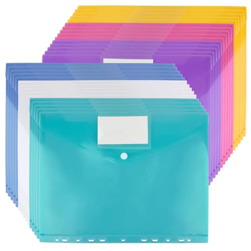USENG 30Stück A4 Dokumententasche zum Abheften mit 11 Lochrand,6 Farben Abheftbar Dokumentenmappe mit Druckknopf & Etikettentasche,Sammelmappen Umschlag Mappe A4 Ordner Organizer für Büro Schule Reise von USENG