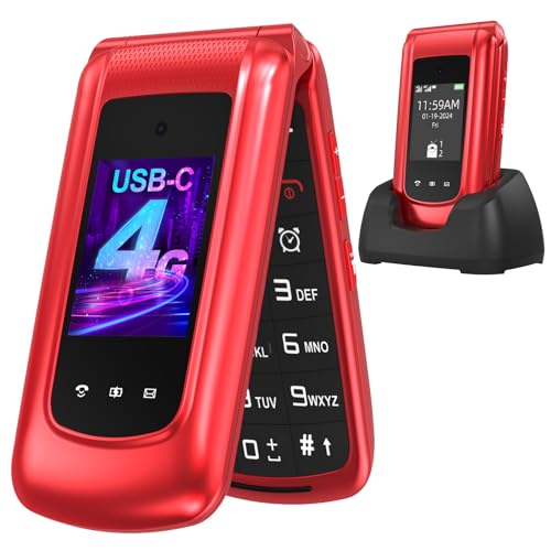 USHINING 4G Seniorenhandy Klapphandy ohne Vertrag, Mobiltelefon Großtasten Handy für Senioren mit 2,4 und 1,77 Zoll Dual Farbdisplay Dual-SIM SOS-Notruftaste USB-C Ladestation Kurzwahl Wecker, Rot von USHINING